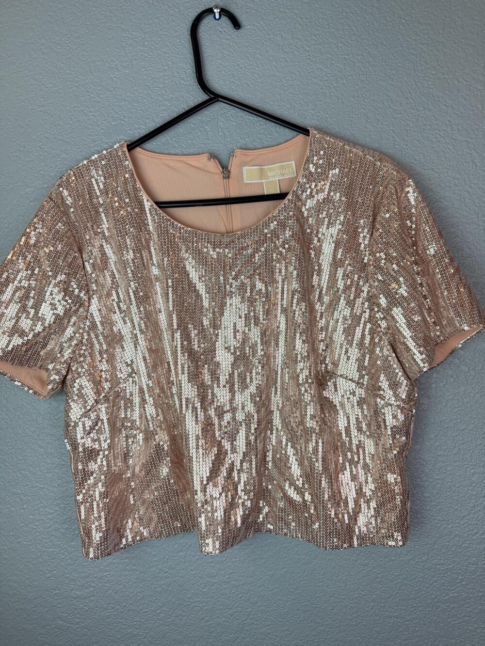 Michael Michael Kors Blouse Womens XL Pink Rosewater Sequin Cropped Party Top